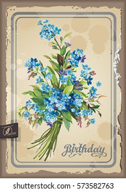 Floral vintage frame with bouquet of small blue flowers forget-me-not. Beautiful spring background, eps8. Vector greeting or invitation design in retro style