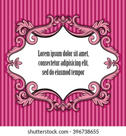 Floral vintage frame in pink, white and black colors isolated on magenta striped seamless background. Vector illustration. 