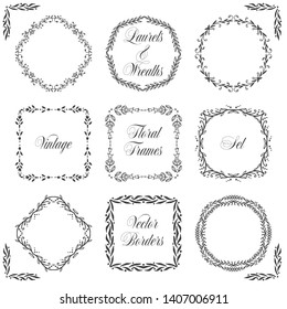 Floral Vintage Frames and Corner Borders Hand Drawn Doodle Vector Design Elements Set. Wedding Invitations, Labels, Greeting Card, Banner Print Design. Natural Sketched Arrows and Leaf Wreaths Graphic