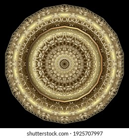 Floral vintage gold 3d mandala pattern. Vector ornamental background. Decorative backdrop. Greek ornaments. Luxury rosette with  flowers, leaves, greek key, meanders, borders, frames. Surface texture.