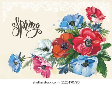 Floral vintage greeting card with beautiful bouquet, blossoming spring anemones. Elegant template with flowers for congratulation. Illustration for print or background in watercolor shabby chic style