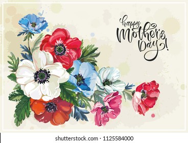 Floral vintage greeting card with beautiful bouquet, blossoming spring anemones. Elegant template with flowers for congratulation. Illustration for print or background in watercolor shabby chic style