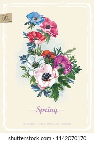 Floral vintage greeting card with beautiful bouquet blossoming spring anemones. Elegant template with flowers for congratulation. Illustration for print or background in watercolor shabby chic style
