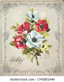 Floral vintage greeting card with beautiful bouquet blossoming spring anemones. Elegant template with flowers for congratulation. Illustration for print or background in watercolor shabby chic style