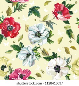 Floral vintage greeting seamless pattern with beautiful bouquet blossoming spring anemones. Elegant template with flowers. Illustration for print or background in watercolor style