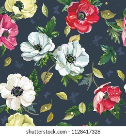 Floral vintage greeting seamless pattern with beautiful bouquet blossoming spring anemones. Elegant template with flowers. Illustration for print or background in watercolor styl