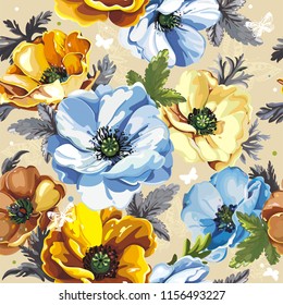 Floral vintage greeting seamless pattern with beautiful bouquet blossoming spring anemones. Elegant template with flowers. Illustration for print or background in watercolor style