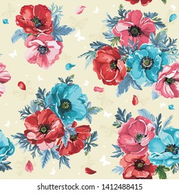 Floral vintage greeting seamless pattern. Beautiful bouquet blossoming spring anemones. Elegant template with flowers. Illustration for print or background in watercolor style