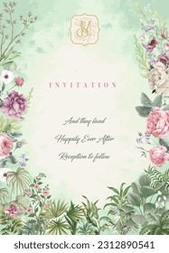 Floral vintage illustration. wedding monogram for invitation. Tropical bloom frame