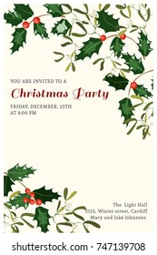 Floral vintage invitation card in mistletoe, holly. Winter background. Greeting card template. Design artwork for the poster, wedding invitation. Place for text.