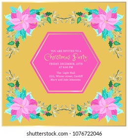 Floral vintage invitation card in poinsettia, Christmas tree twigs, herbs, mistletoe. Winter background. Greeting card template. Design artwork for the poster, wedding invitation. Place for text.