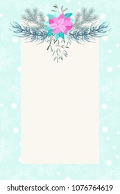 Floral vintage invitation card in poinsettia, Christmas tree twigs, mistletoe. Winter background. Greeting card template. Design artwork for the poster, wedding invitation. Place for text.