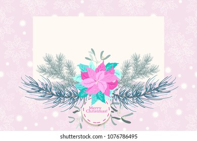 Floral vintage invitation card in poinsettia, Christmas tree twigs, mistletoe. Winter background. Greeting card template. Design artwork for the poster, wedding invitation. Place for text.