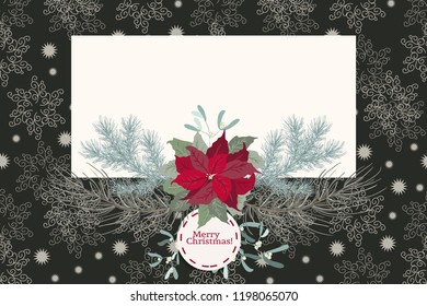 Floral vintage invitation card in poinsettia, Christmas tree twigs, herbs. Winter background. Greeting card template. Design artwork for the poster, wedding invitation. Place for text