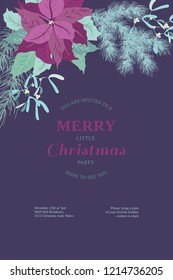 Floral vintage invitation card in poinsettia, Christmas tree twigs, herbs, mistletoe. Winter background. Greeting card template. Design artwork for the poster, wedding invitation. Place for text.