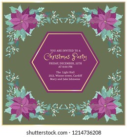 Floral vintage invitation card in poinsettia, Christmas tree twigs, herbs, mistletoe. Winter background. Greeting card template. Design artwork for the poster, wedding invitation. Place for text.