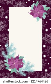 Floral vintage invitation card in poinsettia, Christmas tree twigs. Winter background. Greeting card template. Design artwork for the poster, wedding invitation. Place for tex