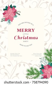 Floral vintage invitation card in poinsettia, Christmas tree twigs, herbs, mistletoe. Winter background. Greeting card template. Design artwork for the poster, wedding invitation. Place for text.