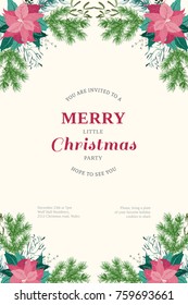 Floral vintage invitation card in poinsettia, Christmas tree twigs, herbs, mistletoe. Winter background. Greeting card template. Design artwork for the poster, wedding invitation. Place for text.