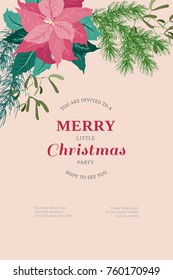 Floral vintage invitation card in poinsettia, Christmas tree twigs, herbs. Winter background. Greeting card template. Design artwork for the poster, wedding invitation. Place for text.