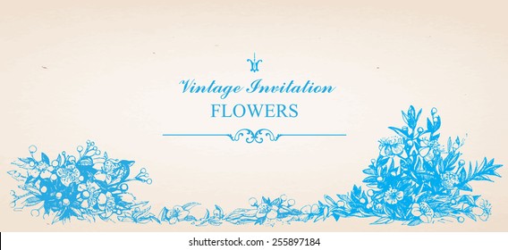 Floral vintage invitation with hand-drawn garden flowers. Vector