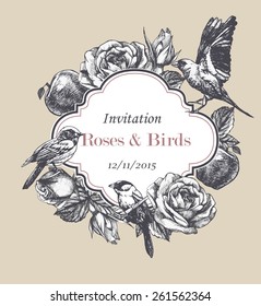 Floral vintage invitation with hand-drawn garden roses, apples and birds. Vector