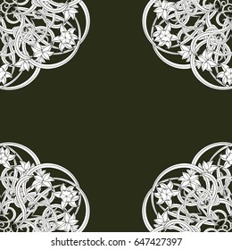 Floral vintage invitation in small narcissus. Art nouveau style. Greeting card template. Design artwork for the poster, wedding invitation, calendars. Place for text. 