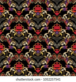 Floral vintage Love hearts seamless pattern. Vector damask background. Baroque style ornament. Scroll leaves, flowers, lines, abstract red love hearts.  Modern design for wallpaper, fabric, prints