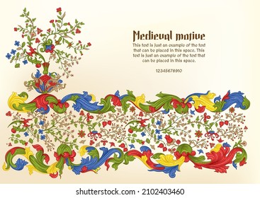 Floral vintage Medieval illuminati manuscript inspiration. Romanesque style. Template for greeting card, banner, gift voucher, label. Vector illustration.