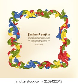 Floral vintage Medieval illuminati manuscript inspiration. Romanesque style. Template for wedding invitation, greeting card, banner, gift voucher, label.