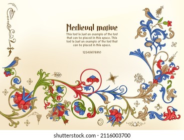 Floral vintage Medieval illuminati manuscript inspiration. Romanesque style. Template for greeting card, banner, gift voucher, label. Vector illustration.