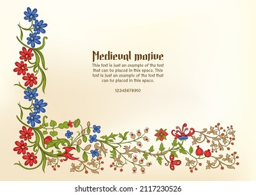 Floral vintage Medieval illuminati manuscript inspiration. Romanesque style. Template for greeting card, banner, gift voucher, label. Vector illustration.