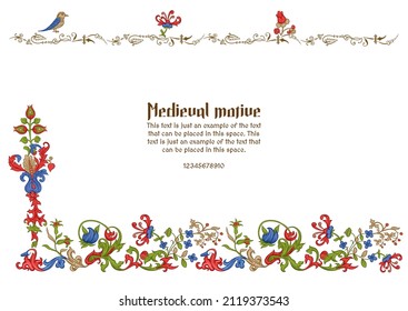 Floral vintage Medieval illuminati manuscript inspiration. Romanesque style. Template for greeting card, banner, gift voucher, label. Vector illustration