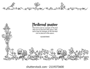 Floral vintage Medieval illuminati manuscript inspiration. Romanesque style. Template for greeting card, banner, gift voucher, label. Outline vector illustration.