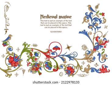 Floral vintage Medieval illuminati manuscript inspiration. Romanesque style. Template for greeting card, banner, gift voucher, label. Vector illustration