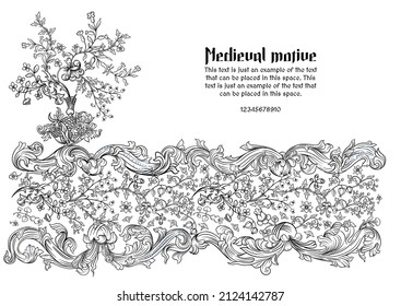 Floral vintage Medieval illuminati manuscript inspiration. Romanesque style. Template for greeting card, banner, gift voucher, label. Outline vector illustration.