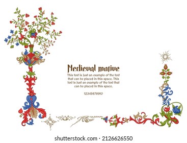 Floral vintage Medieval illuminati manuscript inspiration. Romanesque style. Template for greeting card, banner, gift voucher, label. Vector illustration