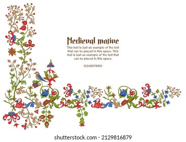 Floral vintage Medieval illuminati manuscript inspiration. Romanesque style. Template for greeting card, banner, gift voucher, label. Vector illustration