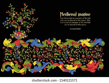 Floral vintage Medieval illuminati manuscript inspiration. Romanesque style. Template for greeting card, banner, gift voucher, label. Vector illustration