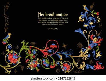 Floral vintage Medieval illuminati manuscript inspiration. Romanesque style. Template for greeting card, banner, gift voucher, label. Vector illustration