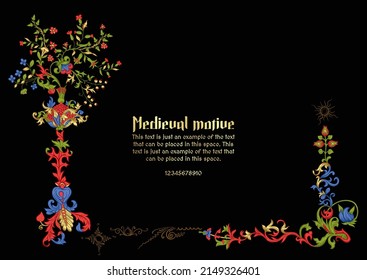 Floral vintage Medieval illuminati manuscript inspiration. Romanesque style. Template for greeting card, banner, gift voucher, label. Vector illustration