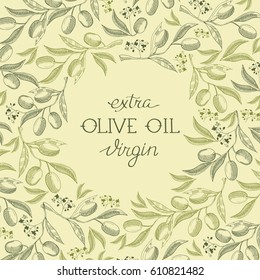 Floral vintage natural poster with text and sketch olive tree branches on green background vector illustration