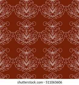 Floral vintage pattern with abstract white outline leaves on dark background. Seamless tiling. Vector illustration