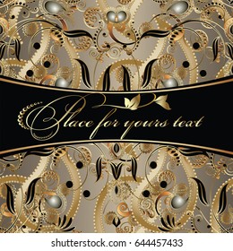 Floral vintage pattern  background . Baroque style with 3d gold paisley ornaments and flowers. Vector surface gold endless 3d texture. Template for invitation and greeting cards design. Place for text