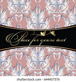  Floral vintage pattern. Damask pink background. Baroque style pattern with white 3d   ornamental love hearts.Vector surface endless 3d texture. Template for invitation and greeting cards design. 