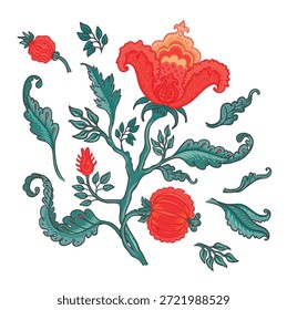 Floral vintage pattern elements set in Jacobean style isolated on white. Enchanted Vintage Flowers.  Chintz inspired. Design for wrapping paper, wallpaper, fabrics and fashion clothes.