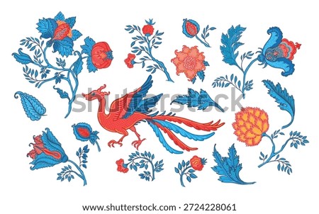 Floral vintage pattern elements set in Jacobean style isolated on white. Enchanted Vintage Flowers.  Chintz inspired. Design for wrapping paper, wallpaper, fabrics and fashion clothes.