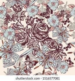 Floral vintage pattern with rose flowers and lily, vector graphic design