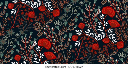 Floral vintage print with different kinds of flowers, leaves, herbs on a dark background. Abstract blossom pattern, texture, trendy pattern for fashion fabrics, interior design, Wallpaper...Vector. 