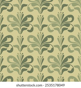 Floral vintage seamless pattern. Art Deco flower decorative ornament background. Mid century modern style. Flat graphic design. Green foliage leaves background. Vector illustration. 